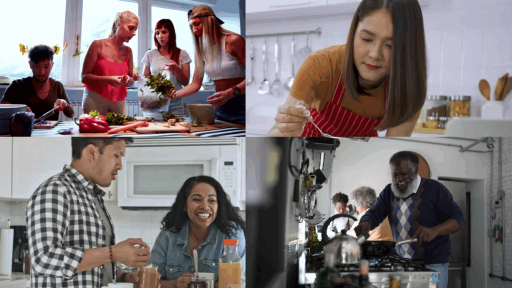 image of diverse people eating or cooking